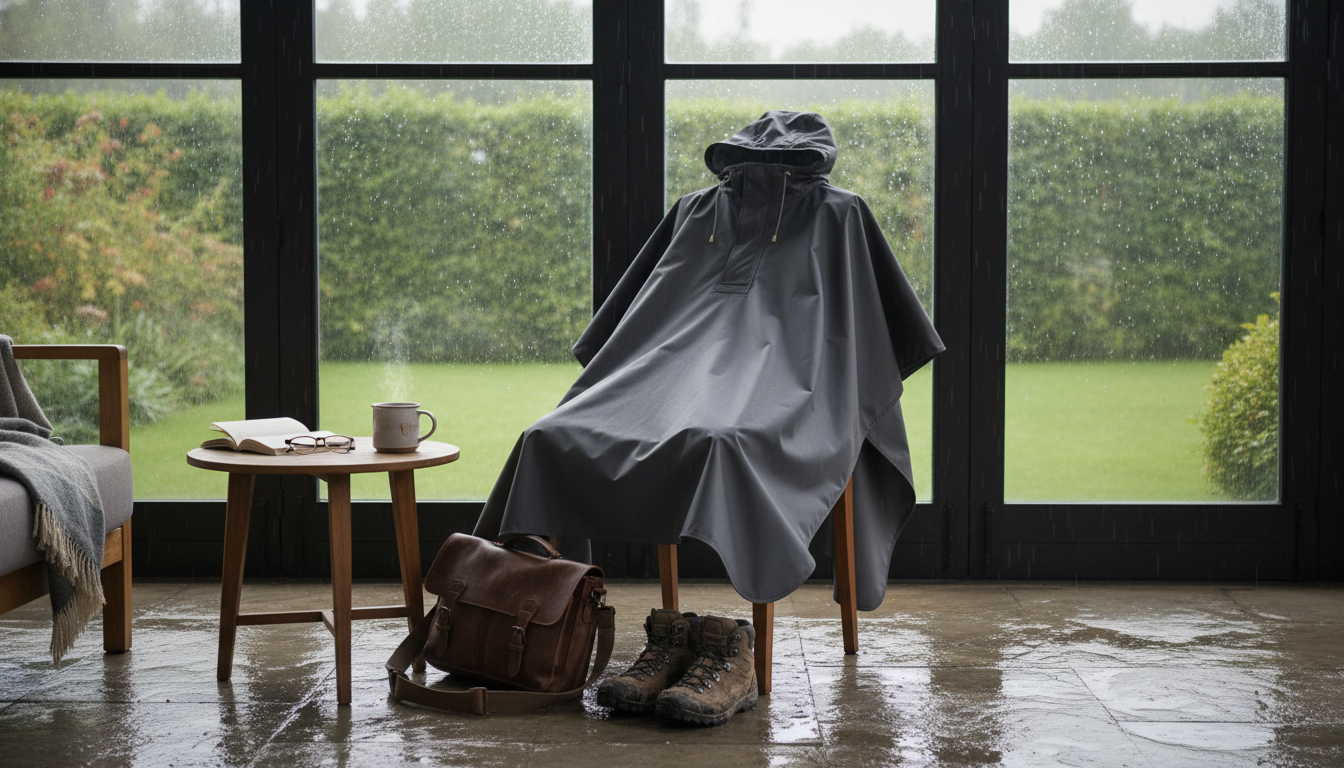 Homme portant un poncho bleu marine, marchant sous la pluie avec un parapluie.