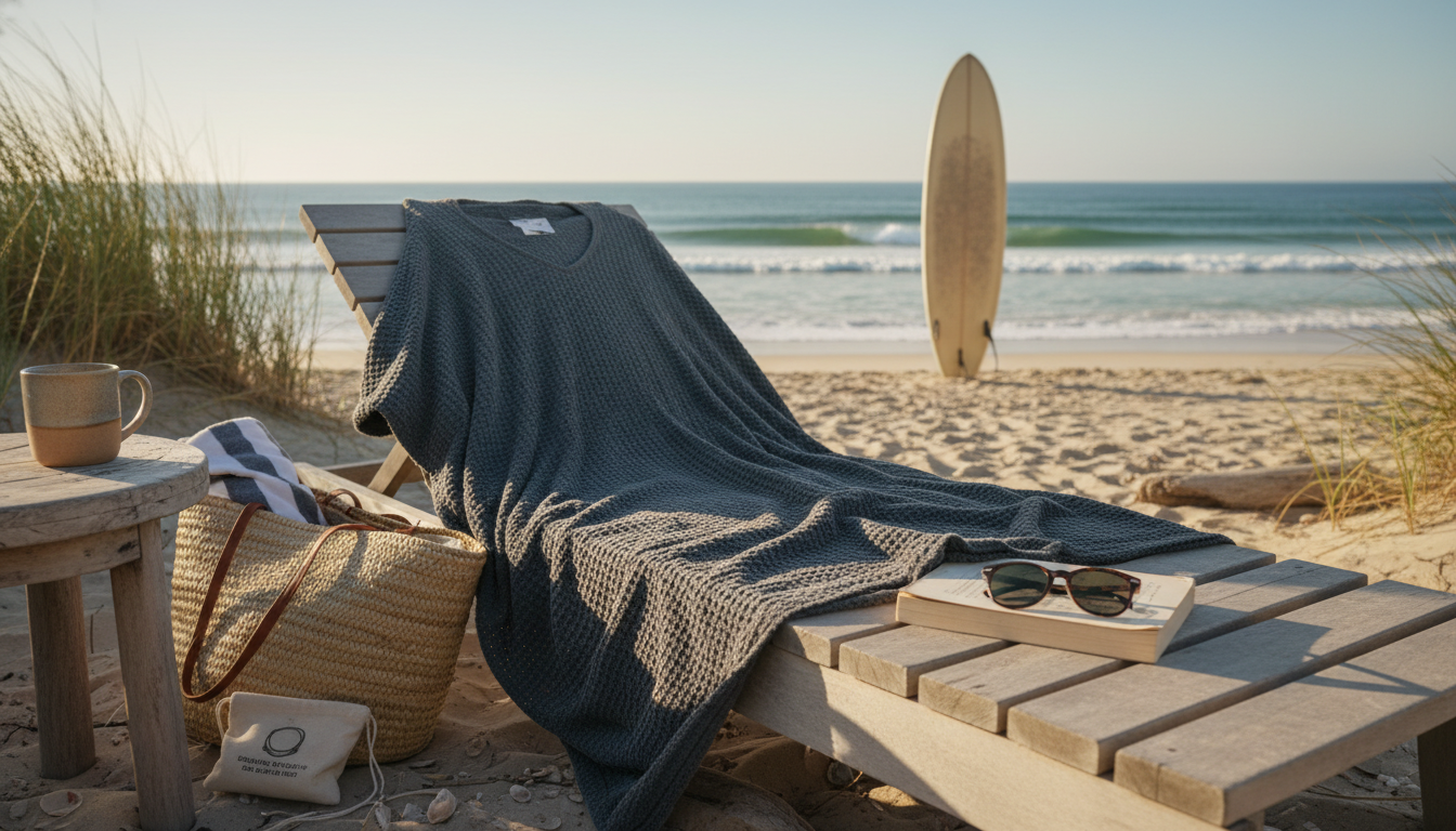 Hommes détendus sur la plage, portant des ponchos légers aux couleurs vives.