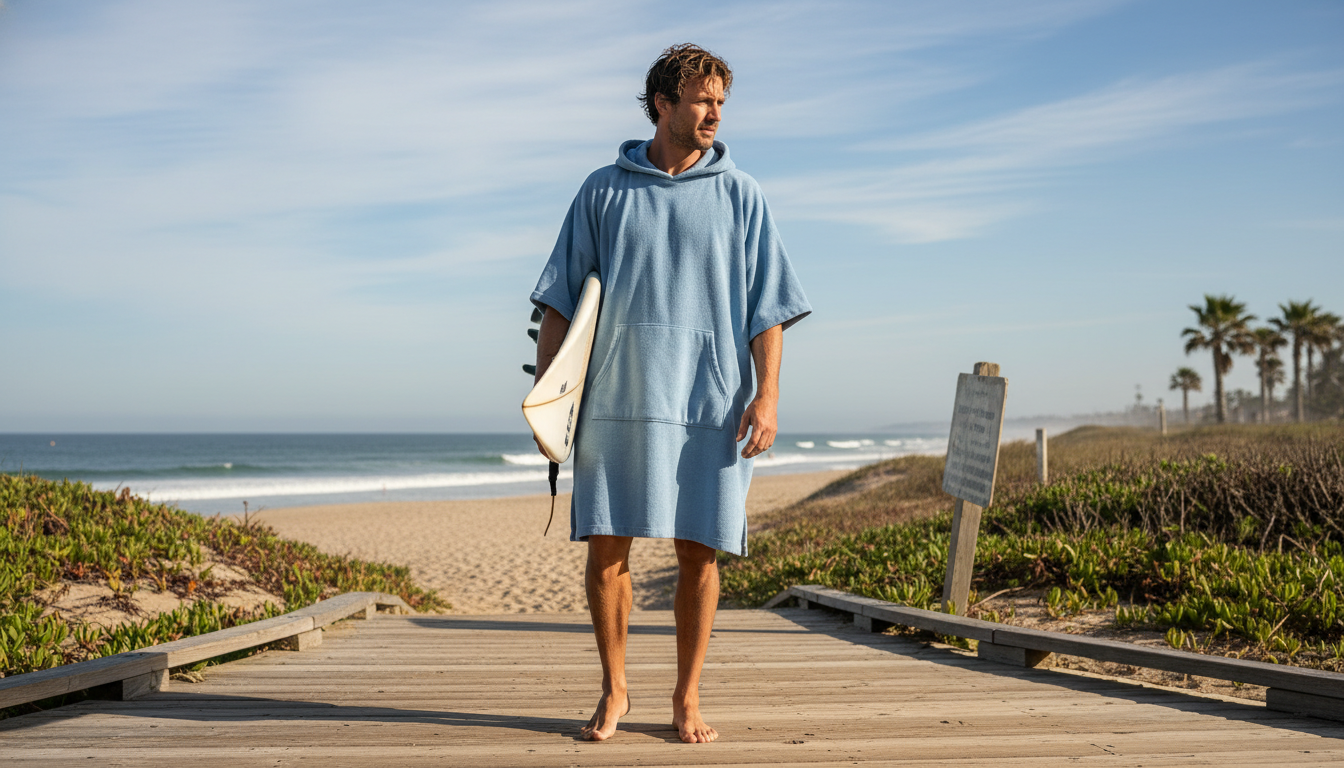 Poncho drapé élégamment sur un transat, entouré de coquillages et d'une serviette en lin.