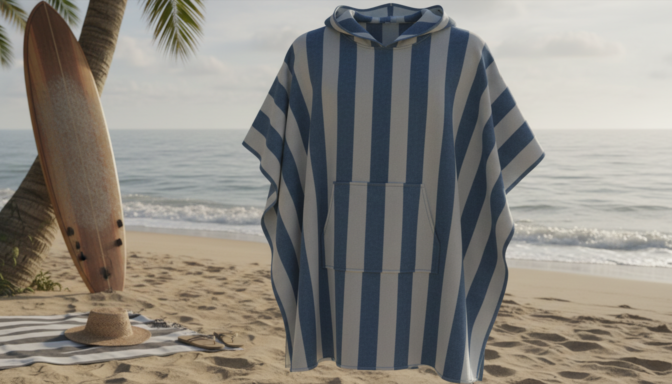 Poncho suspendu sur une chaise en bois, entouré de plantes tropicales et d'une lumière douce.