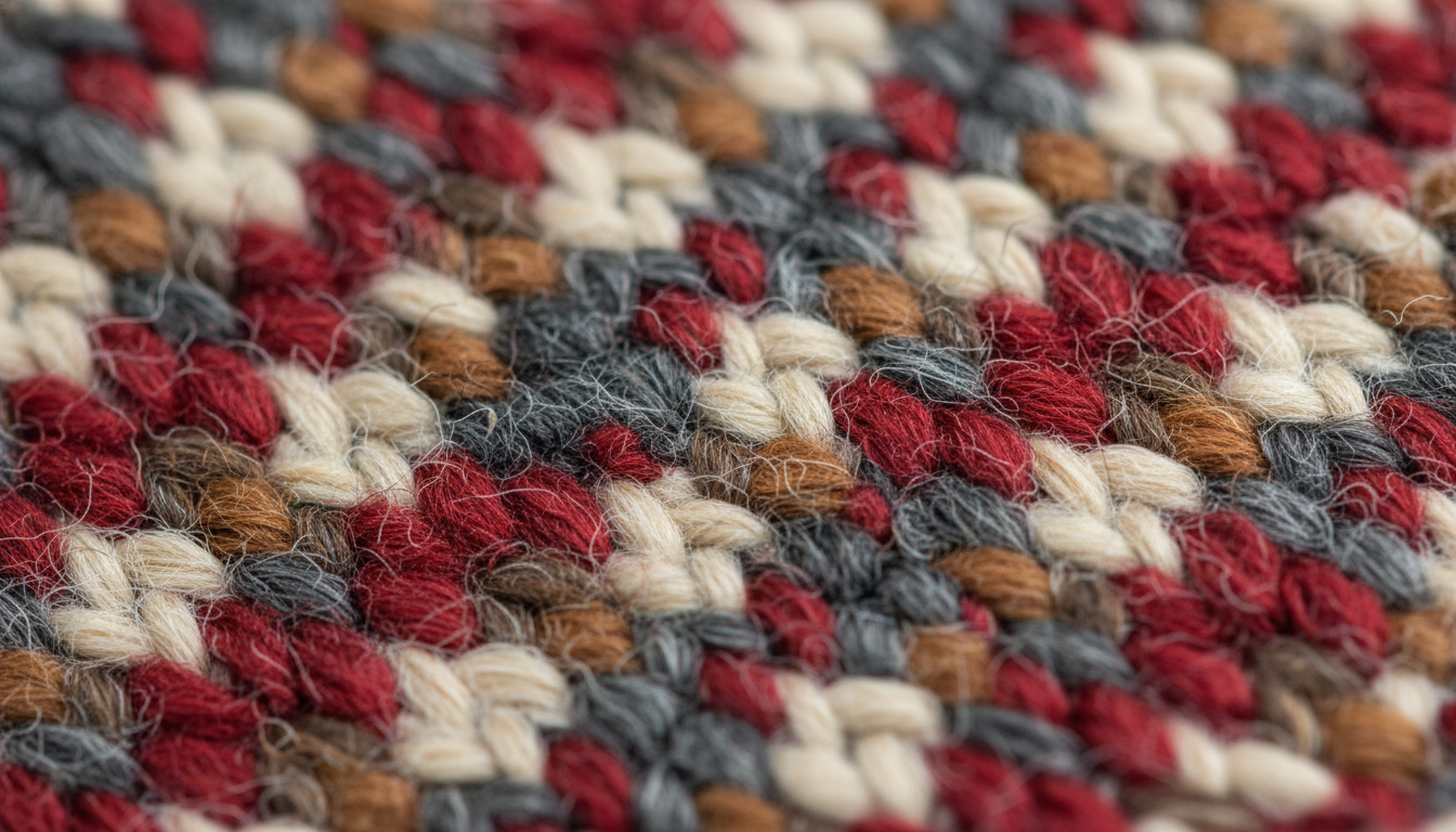 Gros plan sur les motifs géométriques en laine, texture douce et tissée à la main.