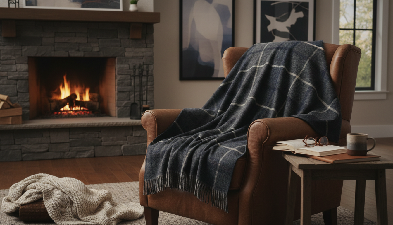 Homme détendu en plaid gris, assis sur un canapé, savourant une tasse de thé.