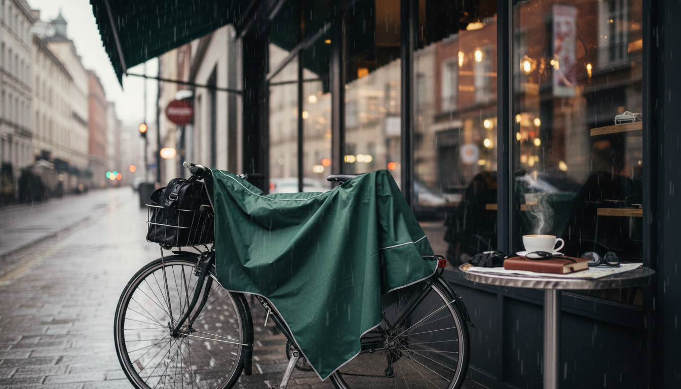 Cycliste urbain sous la pluie, portant un poncho bleu marine, pédalant avec aisance.