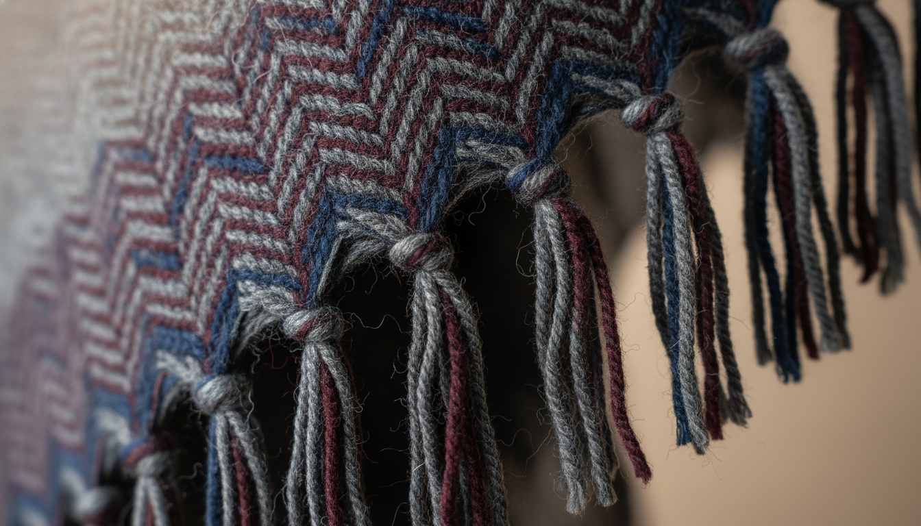 Gros plan sur la texture douce du tissu, mélange de laine et acrylique, motifs à carreaux.