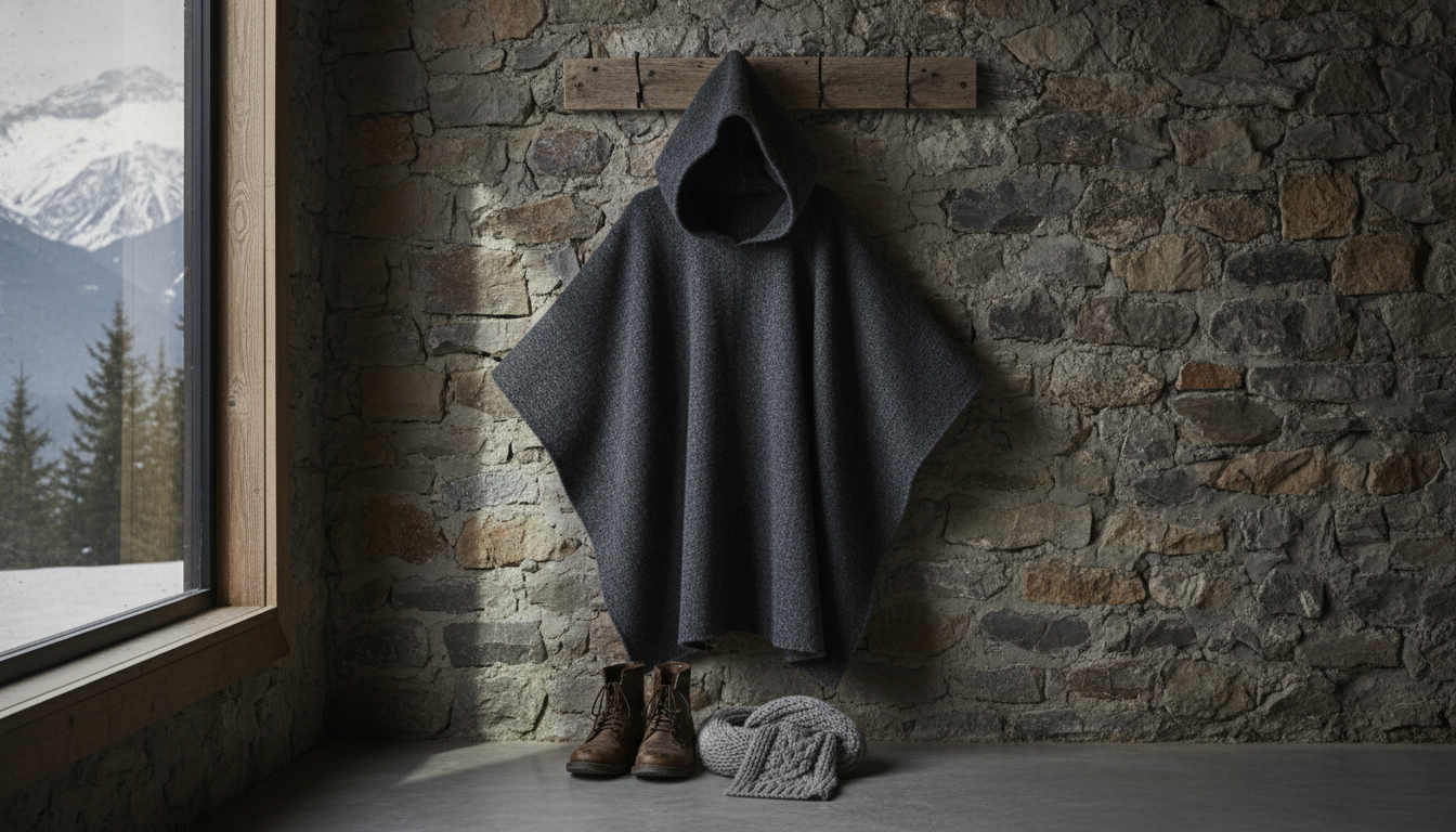 Poncho suspendu sur une chaise en bois, entouré de plantes vertes et d'une tasse de thé.