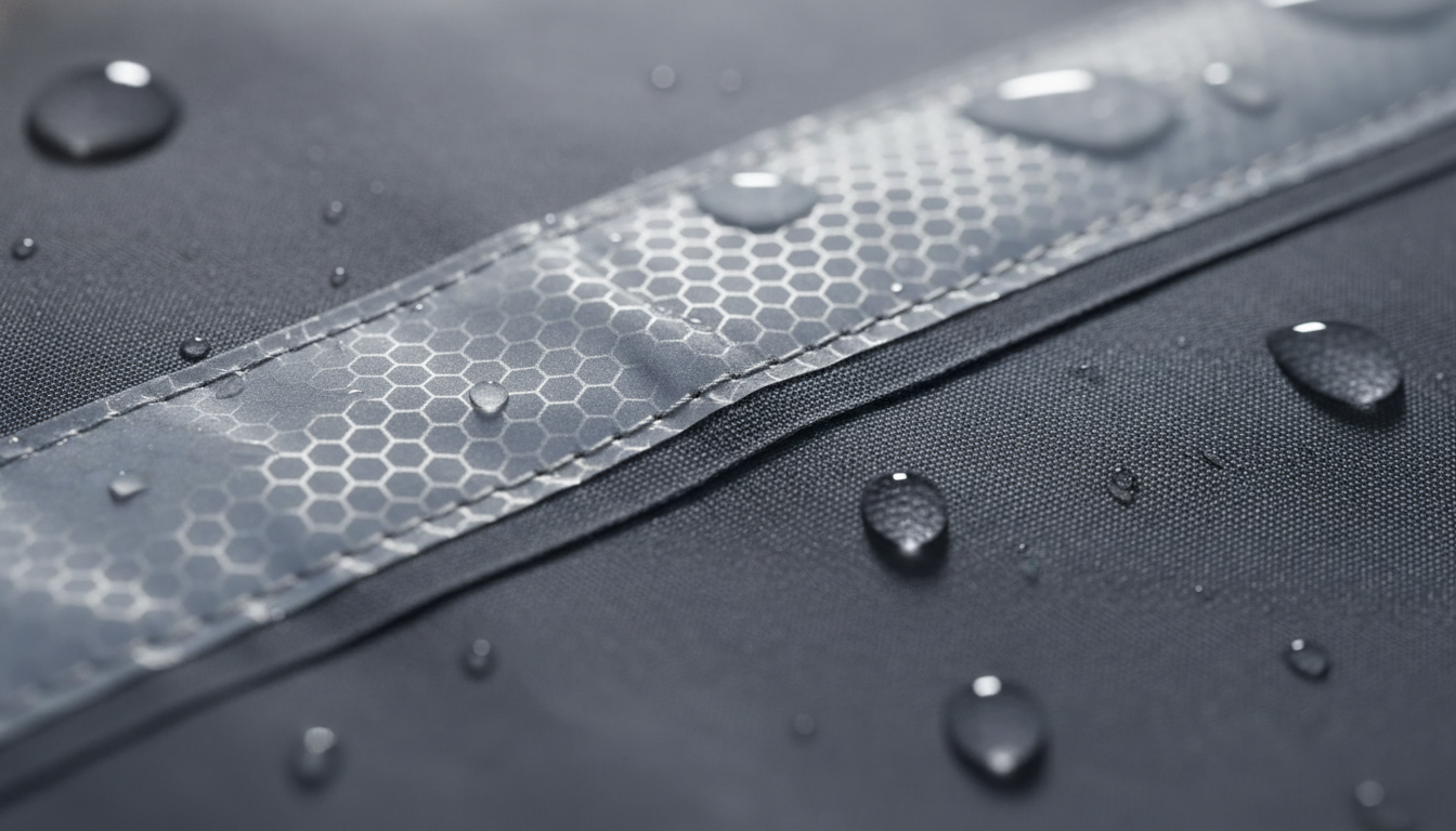 Gros plan sur la texture imperméable, coutures scellées et logo discret en relief.