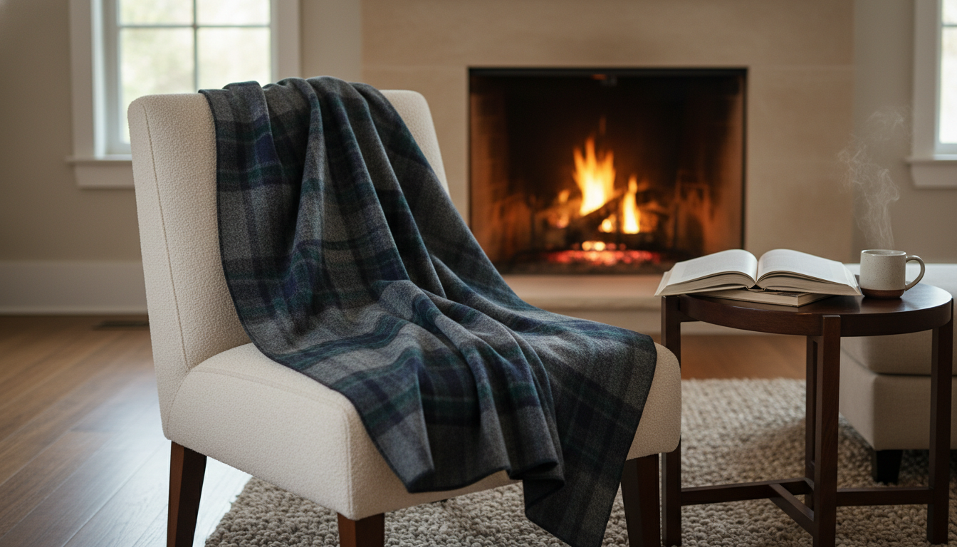 Poncho élégant drapé sur une chaise en bois, entouré de coussins aux tons naturels.