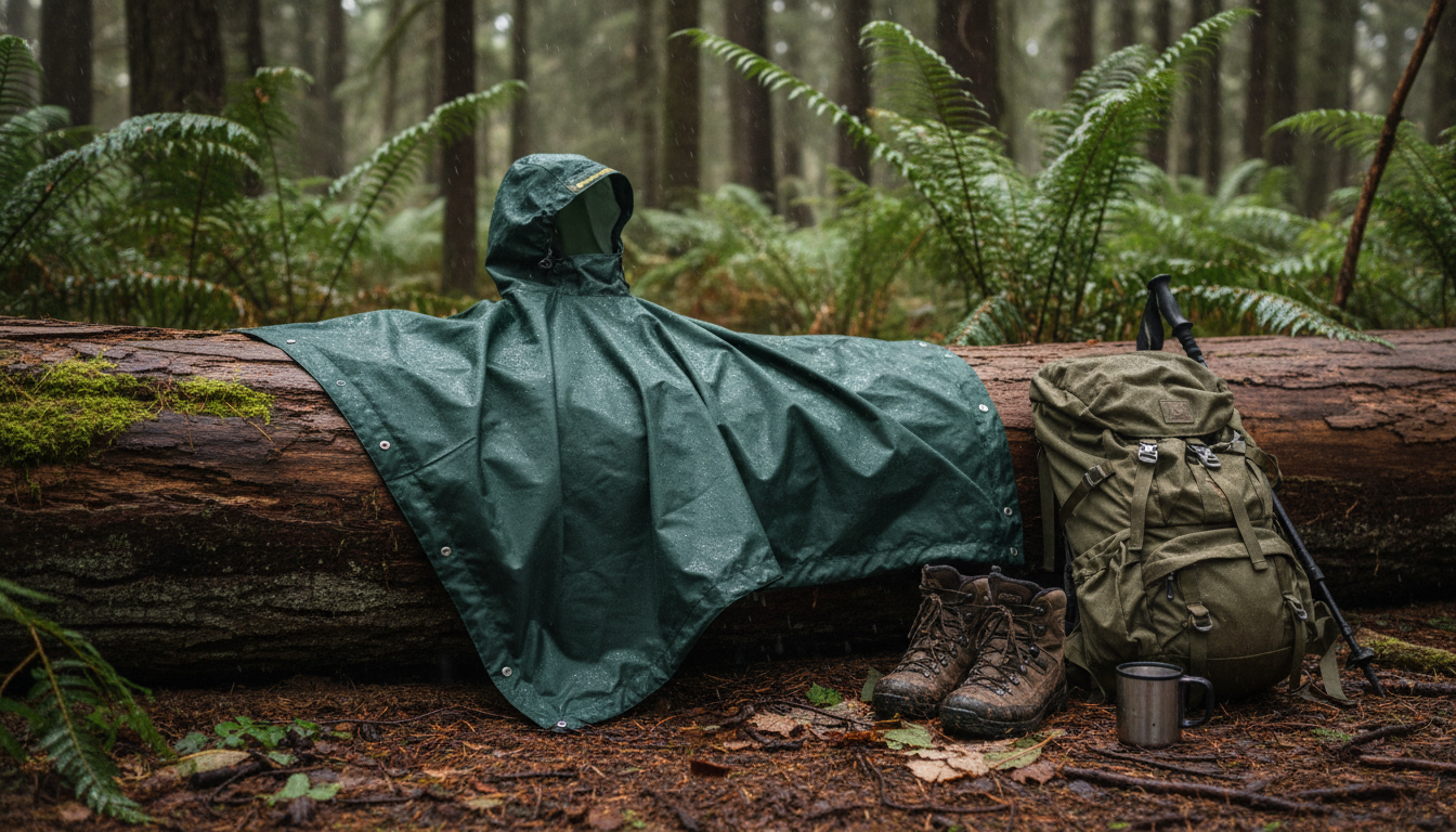 Homme en pleine exploration, portant un poncho bleu marine sous une pluie fine.