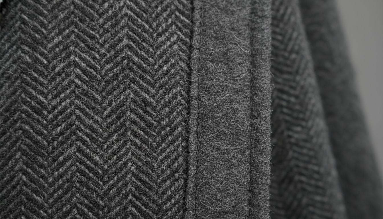 Gros plan sur les coutures raffinées et la texture douce de la laine mélangée.