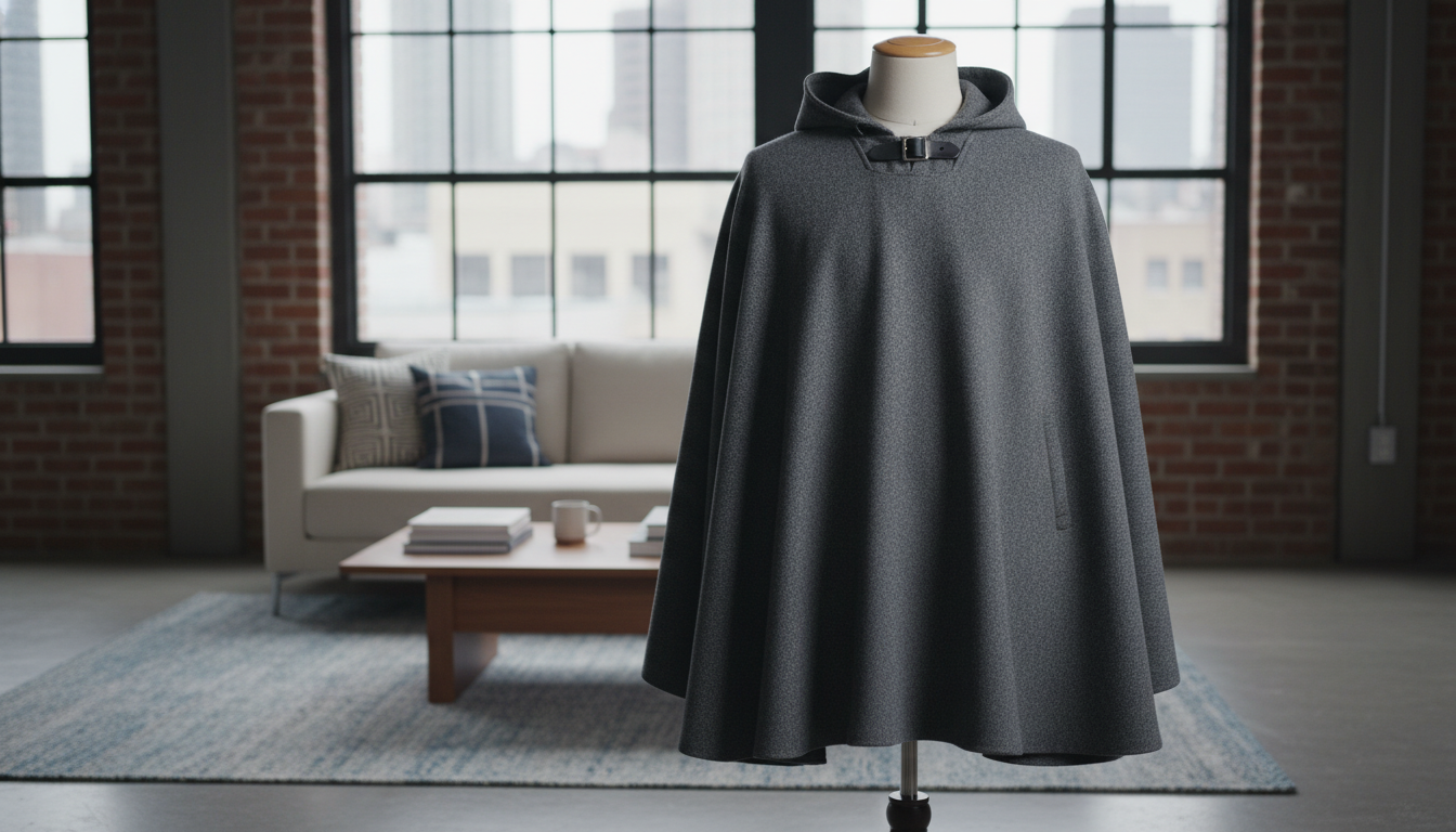 Cape poncho noir drapée sur une chaise en bois, éclairage chaleureux accentuant la texture.
