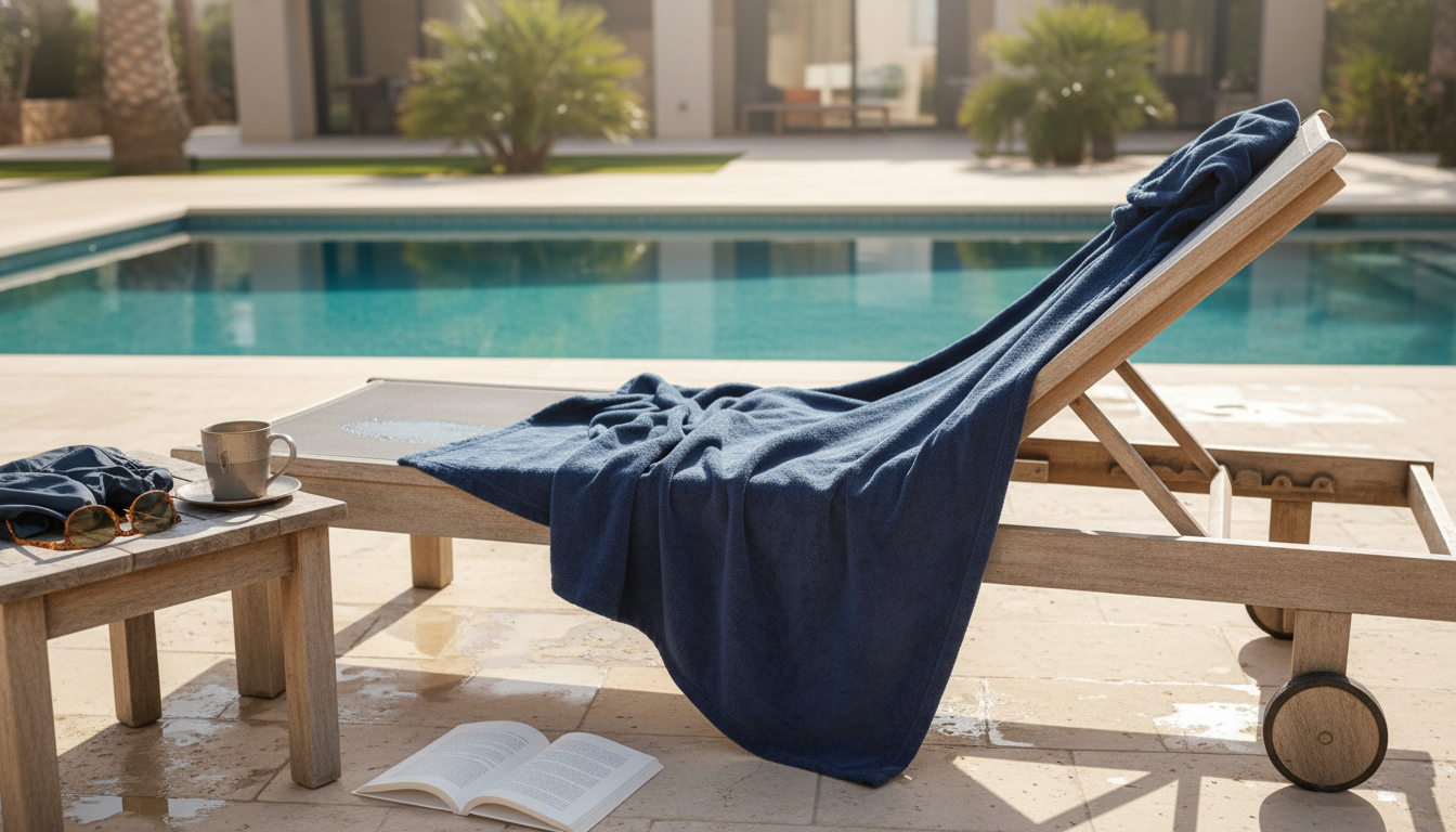 Homme en poncho bleu marine élégant, se relaxant au bord de la piscine.