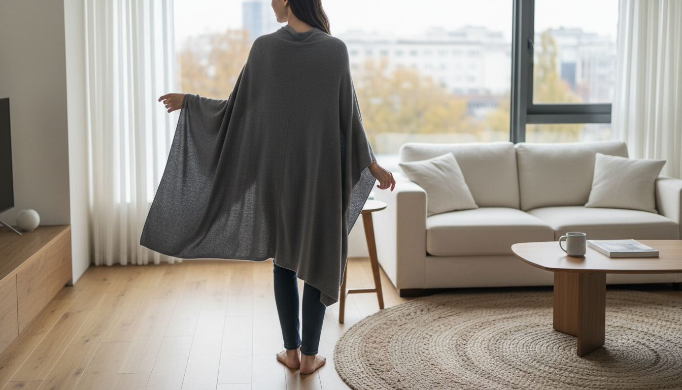 Poncho drapé sur un fauteuil en velours, entouré de coussins et de bougies parfumées.