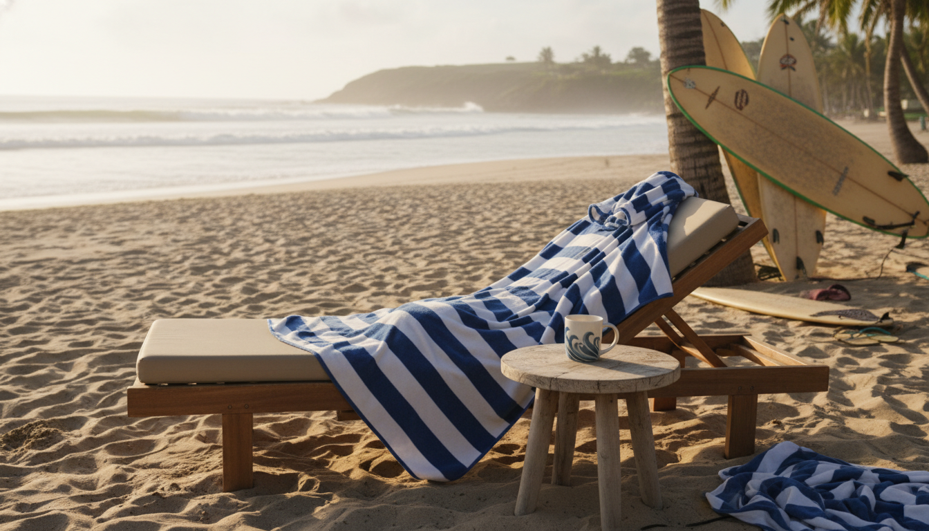 Sur la plage, une femme en poncho bleu marine, cheveux au vent, sourit au soleil.