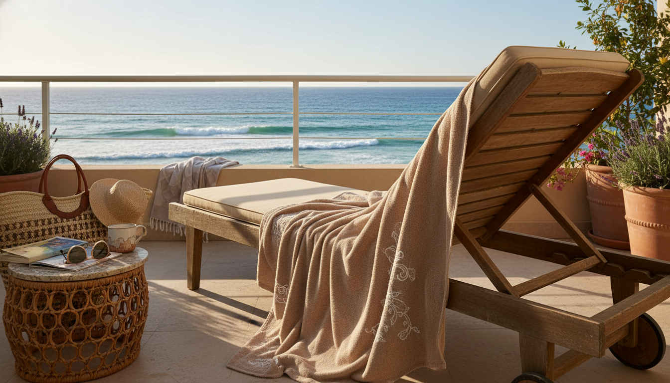 Poncho turquoise porté sur une plage ensoleillée, idéal pour se sécher après la baignade.