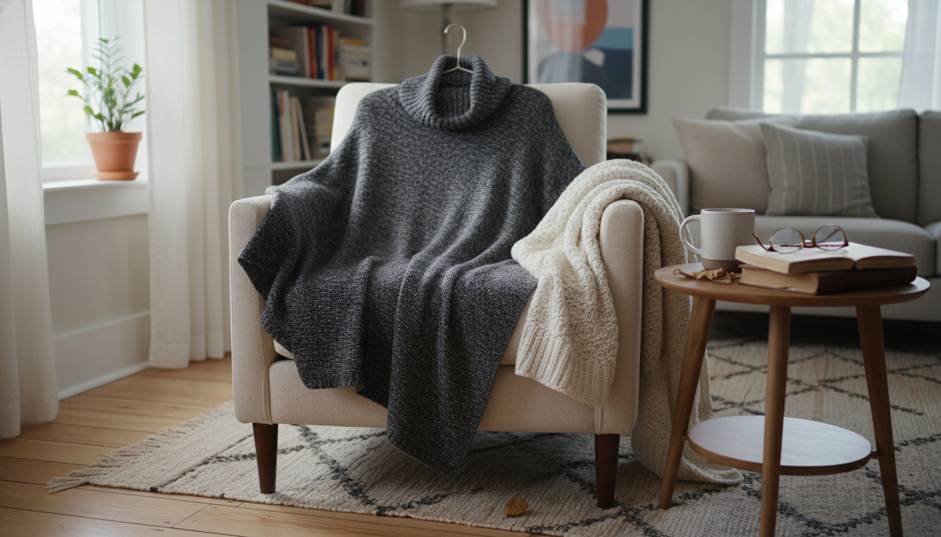 Femme en pull poncho beige, assise confortablement dans un café en plein air.