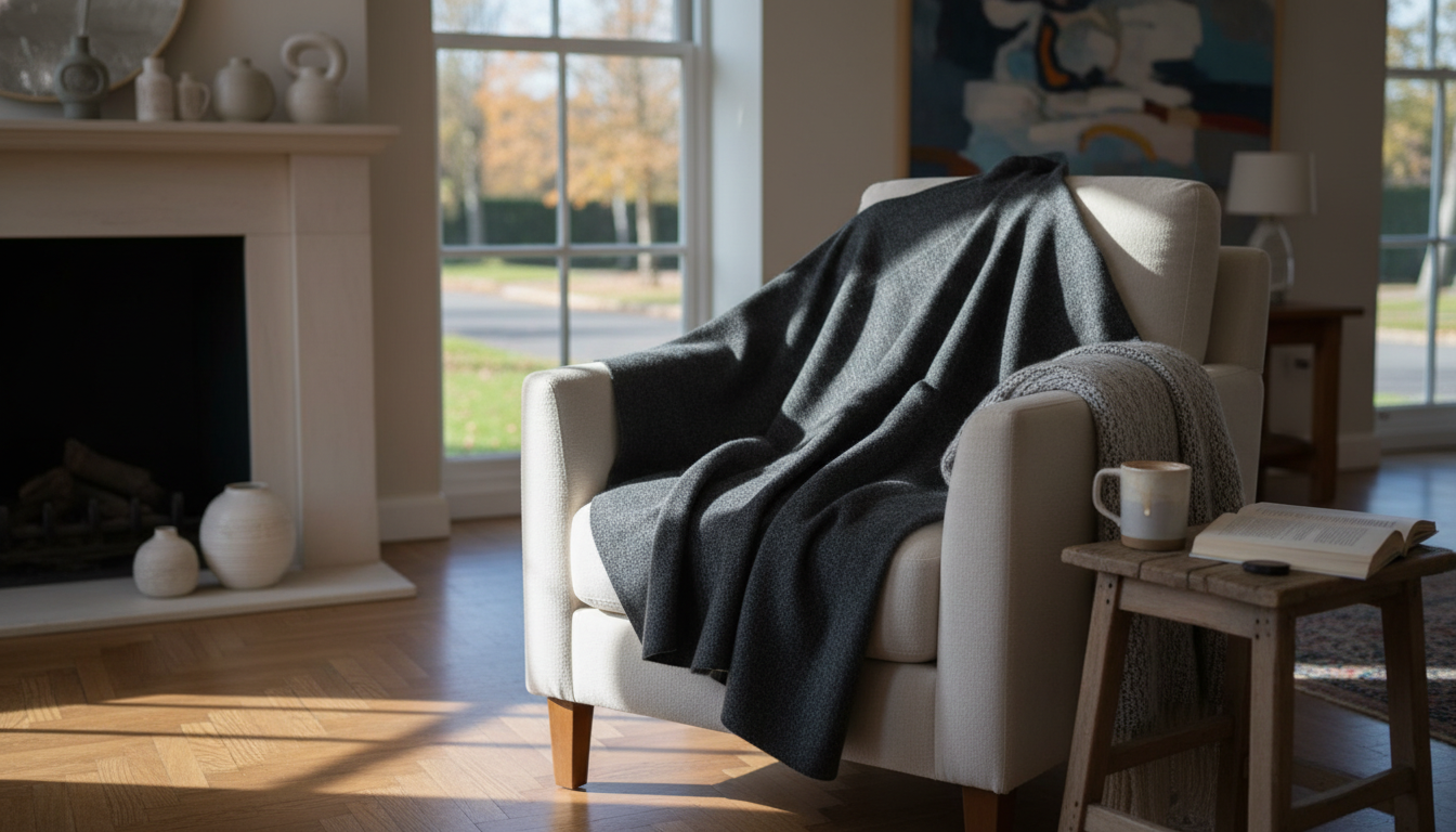 Femme en cape poncho beige, flânant dans un parc automnal, feuillage doré en arrière-plan.