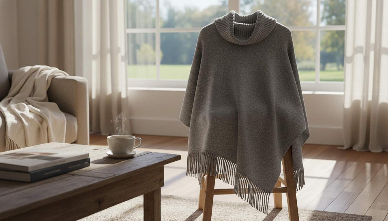 Pull poncho gris drapé élégamment sur une chaise en bois, entouré de plantes vertes et de livres ouverts.