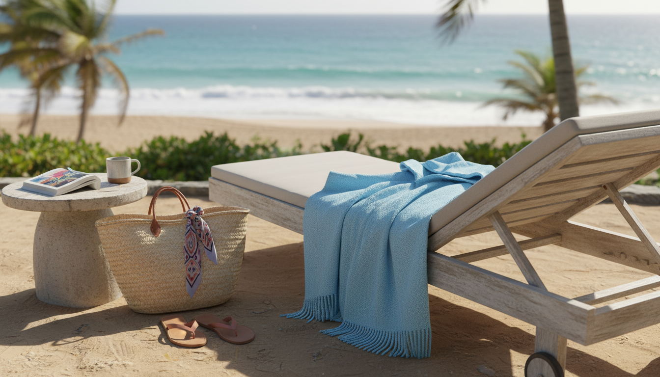Femme souriante portant un poncho léger en lin blanc, se relaxant sur une plage ensoleillée.