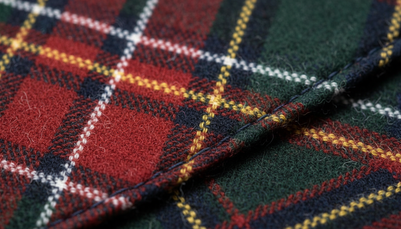 Gros plan sur le tissu doux en laine mélangée, présentant des motifs plaids aux nuances de gris et rose.