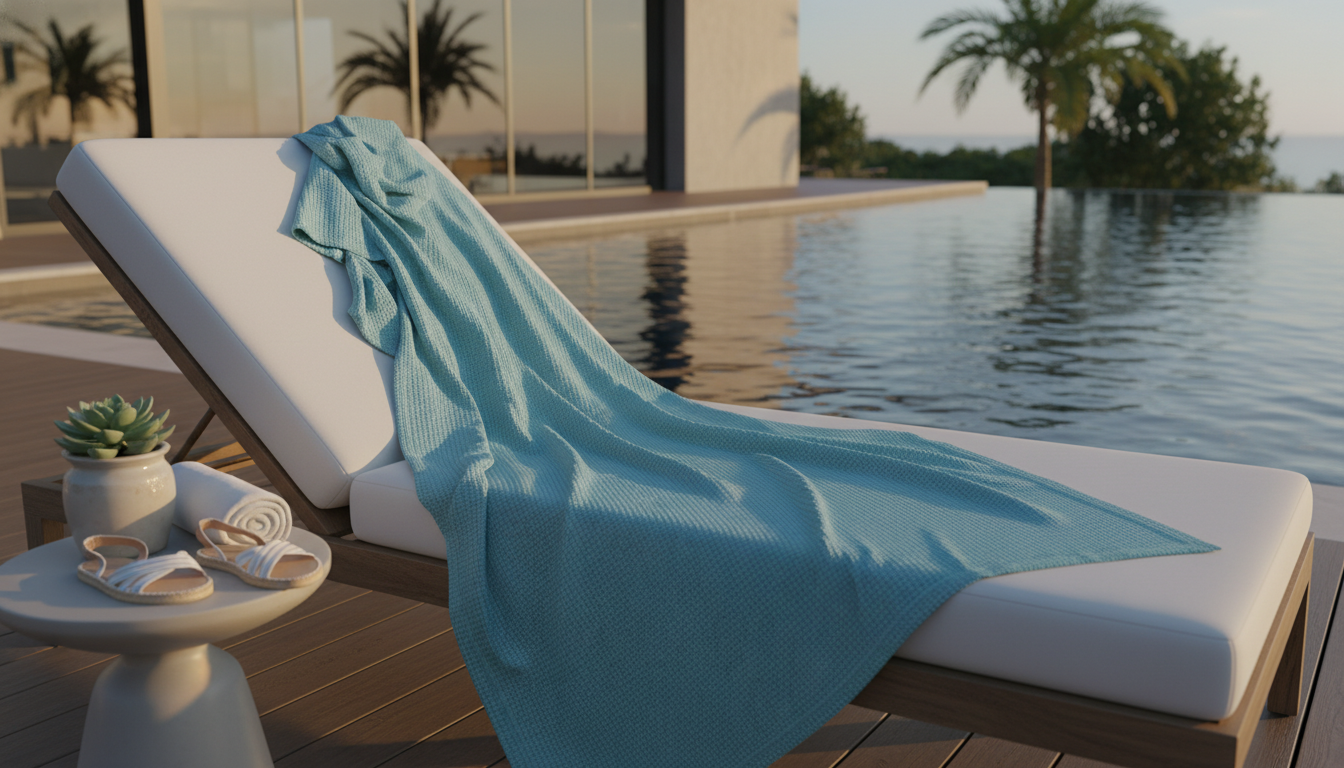 Poncho suspendu sur une chaise longue en bois, entouré de serviettes et de plantes verdoyantes.
