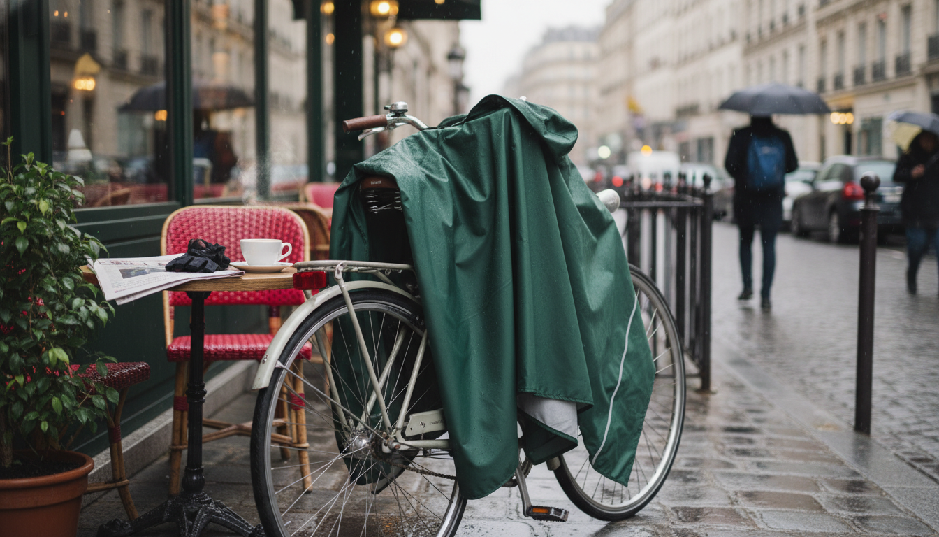 Femme en poncho imperméable rose, pédalant joyeusement sous une pluie légère en ville.