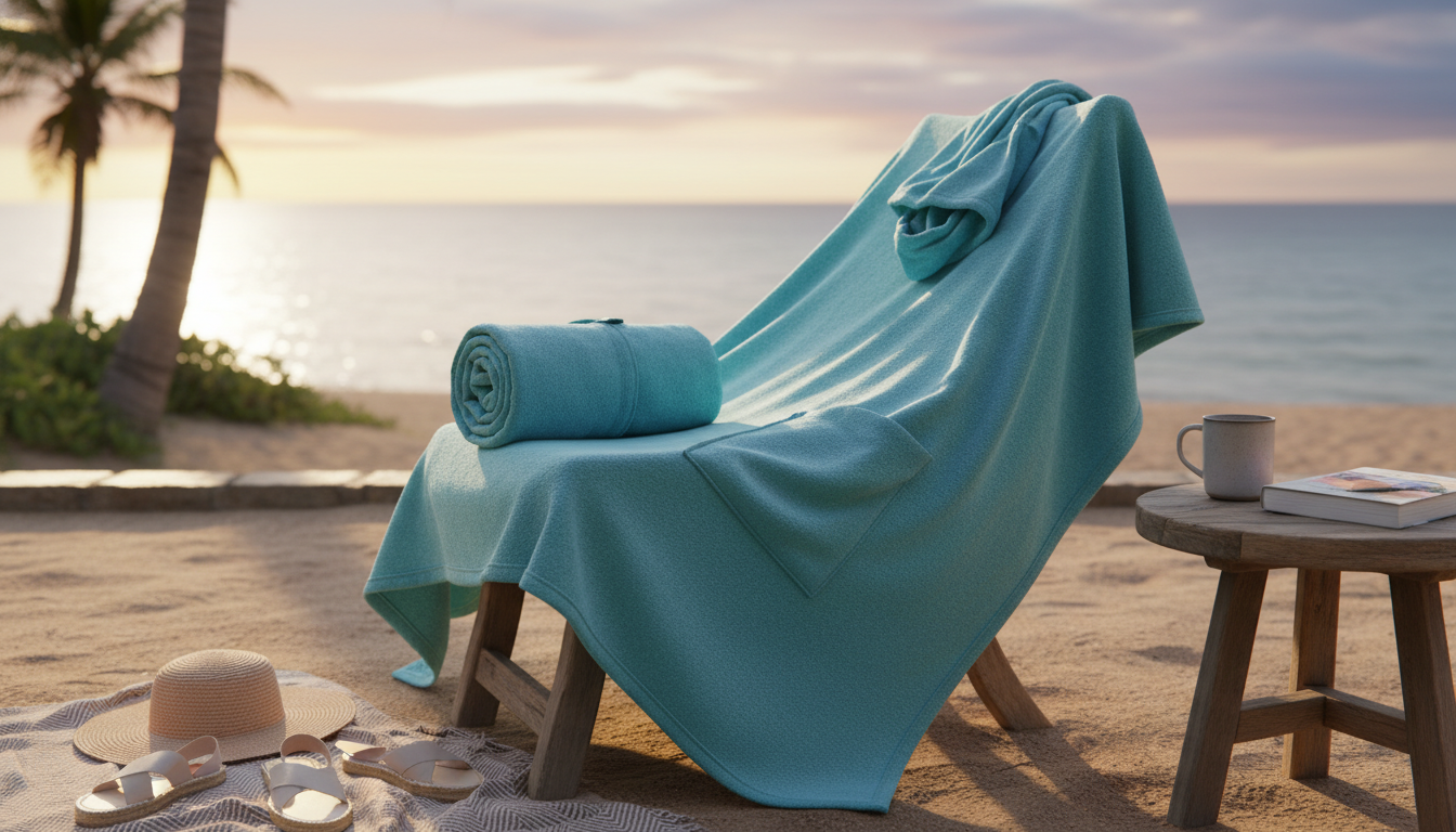 Femme élégante portant un poncho sable sur la plage, rayons de soleil illuminant son sourire.