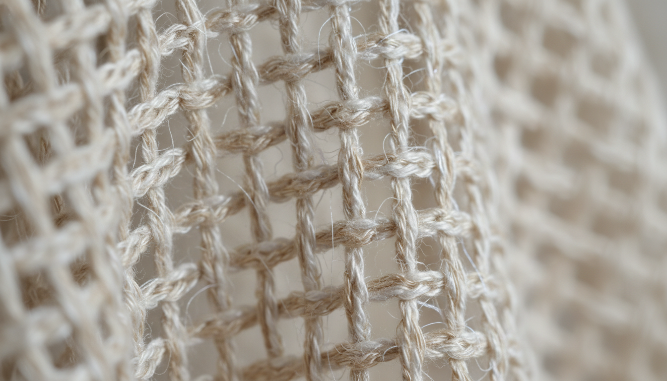 Gros plan sur le tissu en lin aérien, motif floral délicat, franges subtilement nouées.