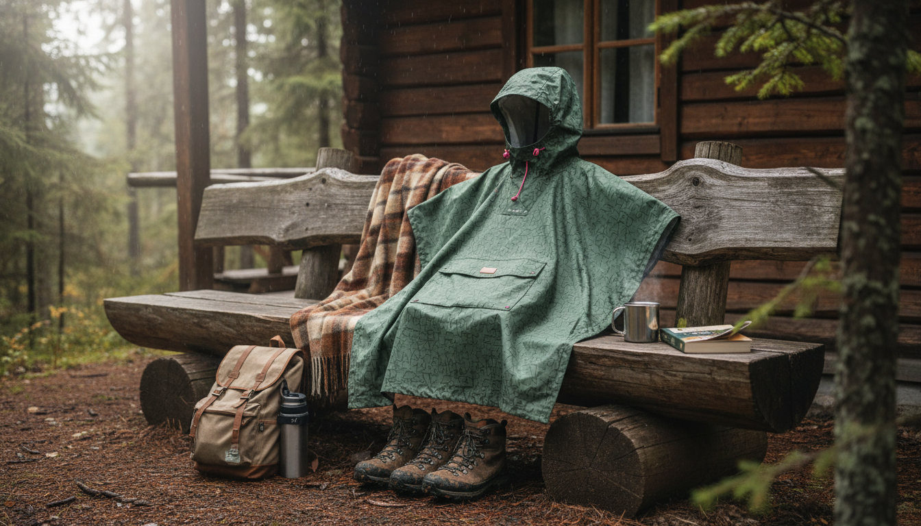 Femme souriante portant un poncho beige, marchant sous une pluie légère en forêt.