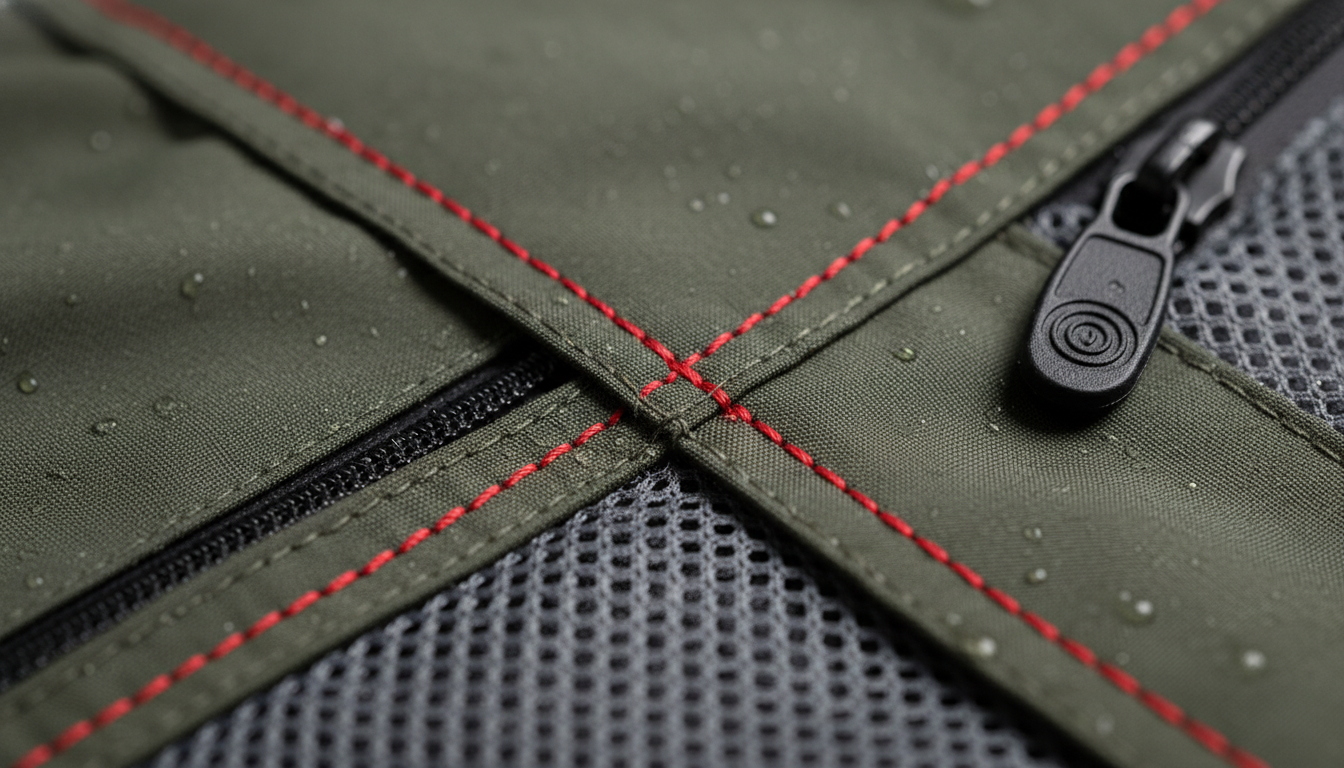 Gros plan sur la texture imperméable, avec des coutures scellées et des motifs floraux discrets.