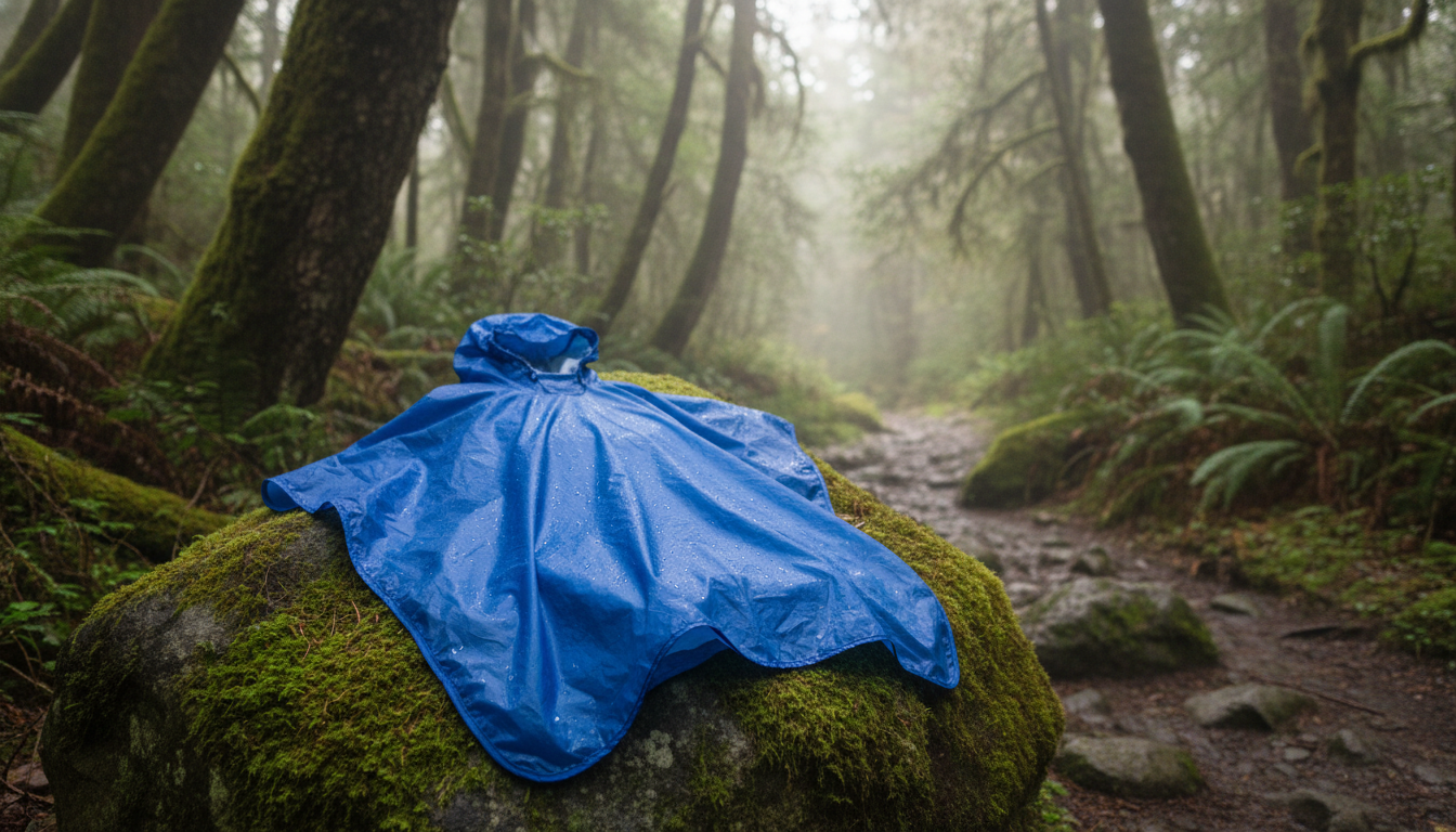 Poncho suspendu dans un cadre naturel, entouré de feuilles d'automne et de pierres.