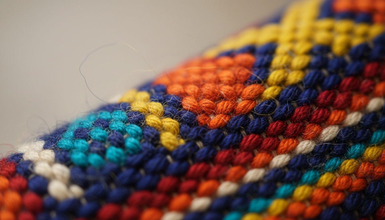 Gros plan sur le tissage délicat, avec des motifs géométriques et une texture douce en laine mélangée.