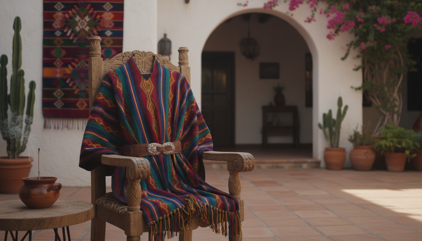 Poncho drapé élégamment sur un fauteuil vintage, entouré de plantes d'intérieur et de livres.
