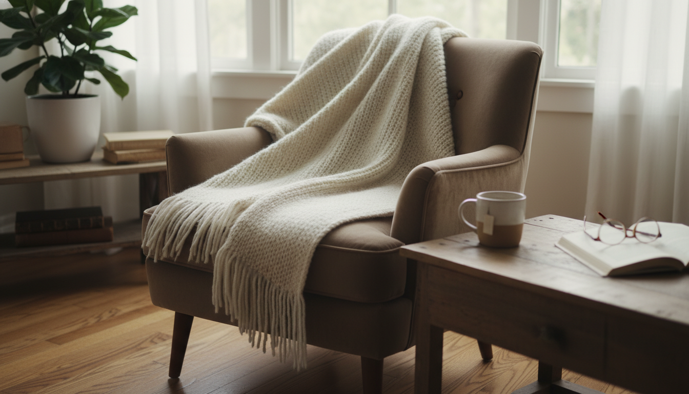 Femme élégante en poncho beige léger, savoure un café sur une terrasse automnale.