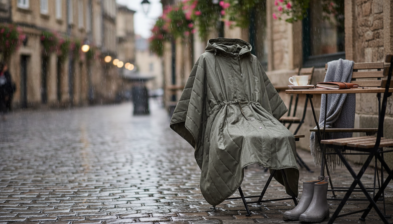 Femme active en ville, vêtue d’un poncho léger bleu marine, se déplaçant sous une pluie fine.