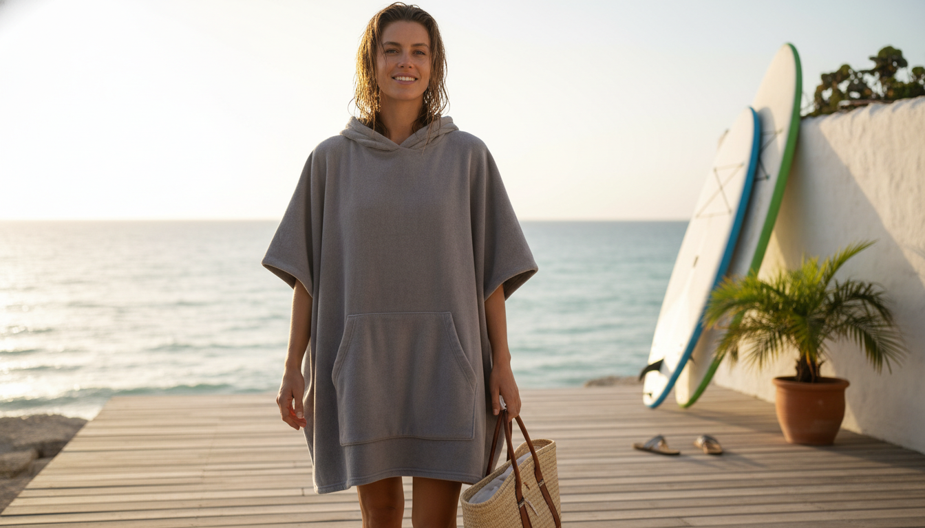 Poncho drapé élégamment sur une chaise en bois, entouré de plantes vertes et de coquillages.
