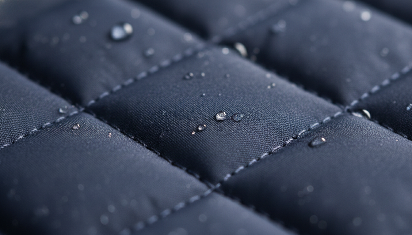 Gros plan sur la texture imperméable en polyester, couture étanche et douces finitions.
