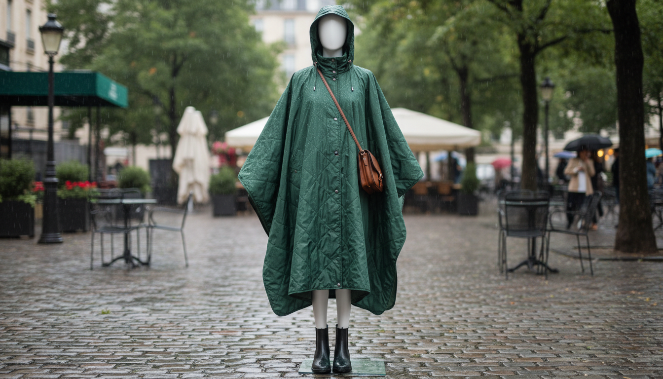 Poncho suspendu sur un porte-manteau en bois, éclairé par une douce lumière naturelle.