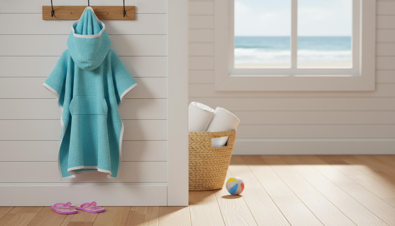 Poncho de Bain Enfant mis en valeur dans une ambiance décorative raffinée et harmonieuse