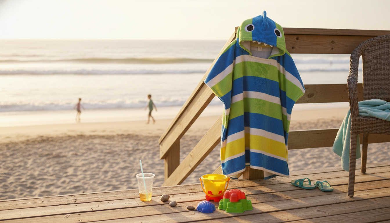 Enfants joyeusement vêtus de ponchos colorés, jouant sur la plage au coucher du soleil.