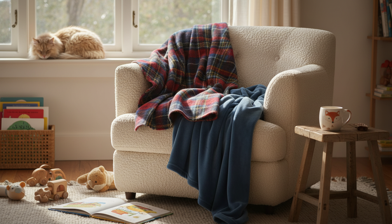 Enfants jouant ensemble, enveloppés dans un poncho plaid à motifs colorés, ambiance joyeuse.