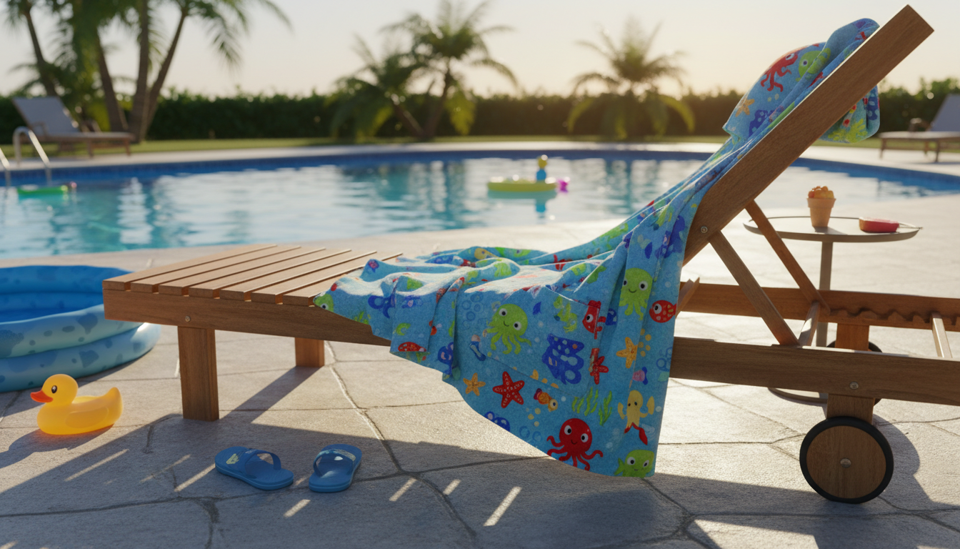 Enfant joyeux portant un poncho bleu vif, jouant près de la piscine, éclaboussures autour.