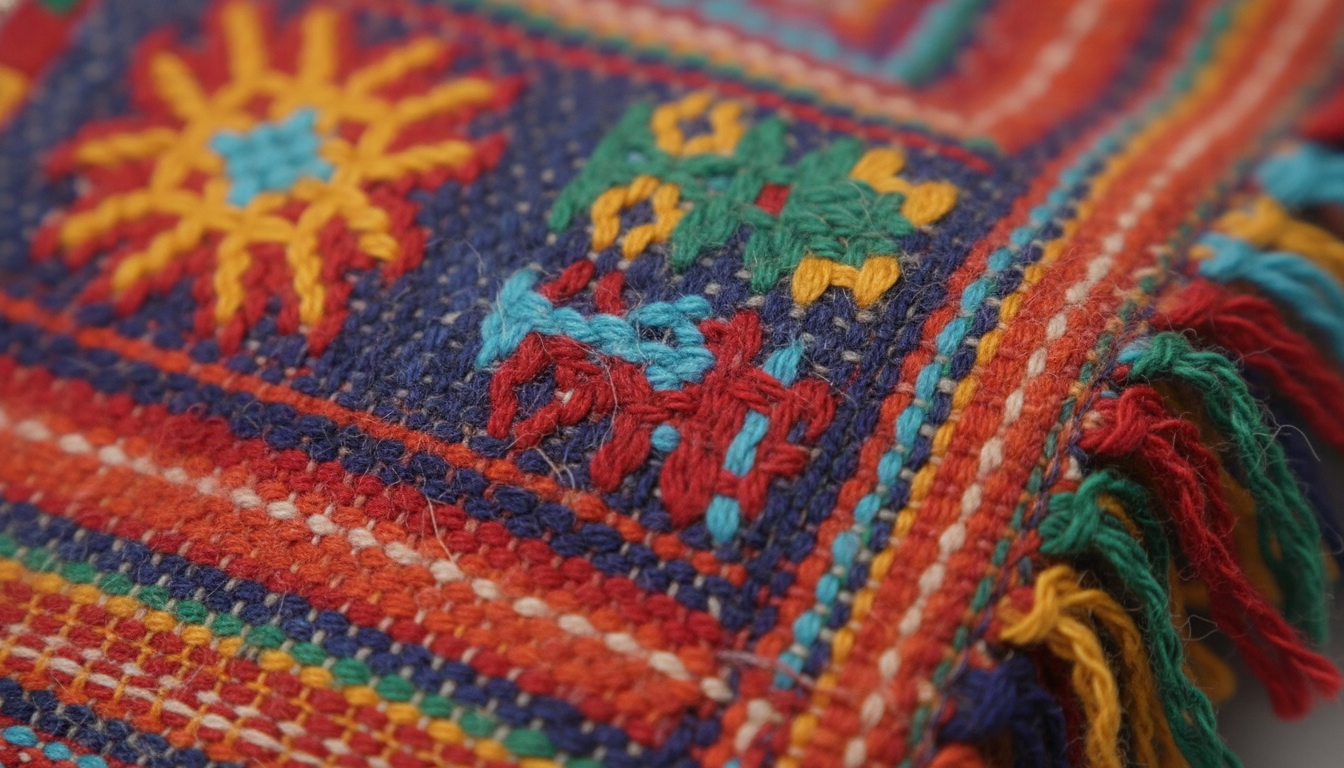 Gros plan sur le tissu doux et texturé, arborant des motifs géométriques éclatants.