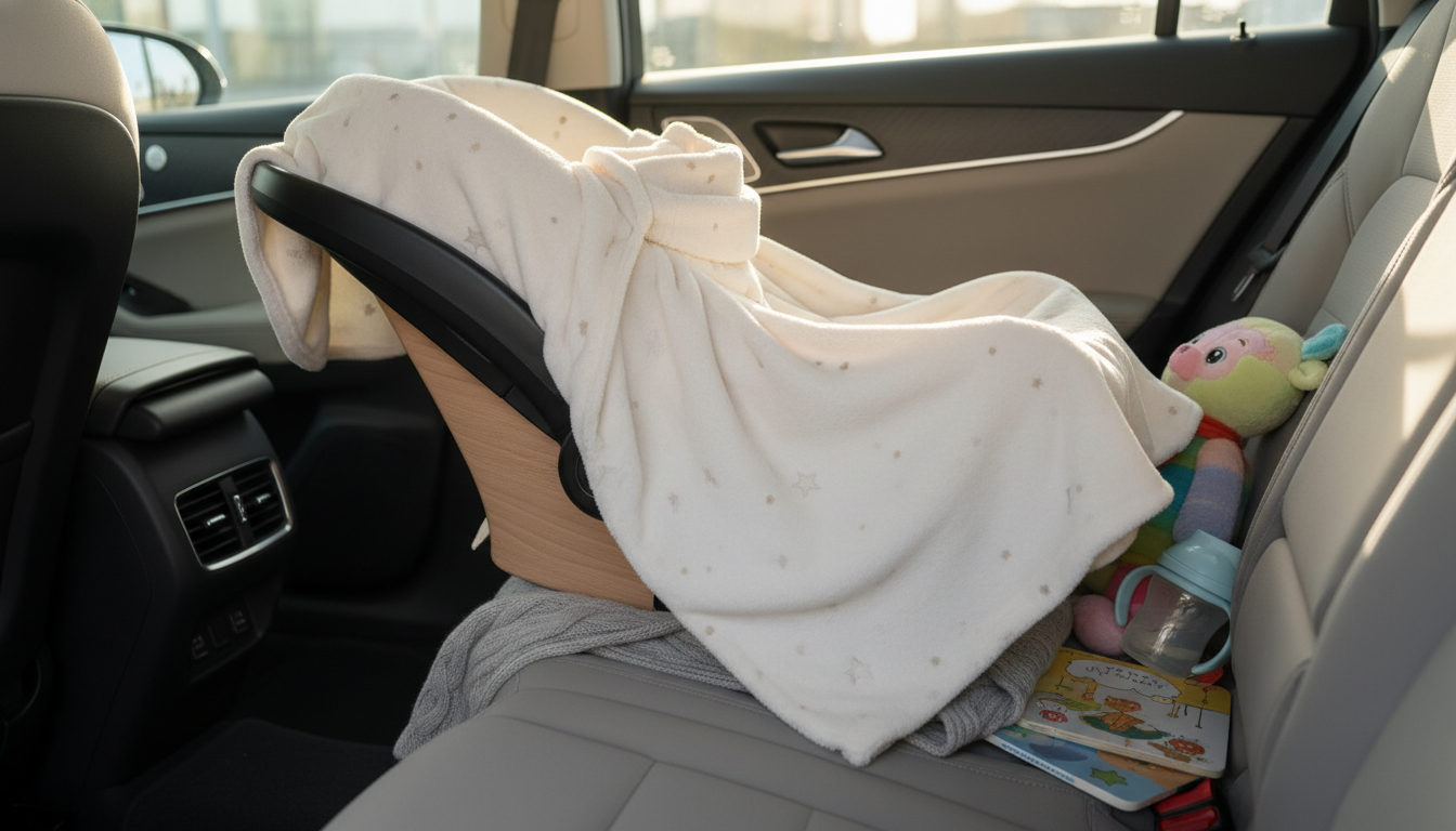 Bébé souriant sous un ciel gris, protégé par un poncho beige, se déplaçant en poussette.