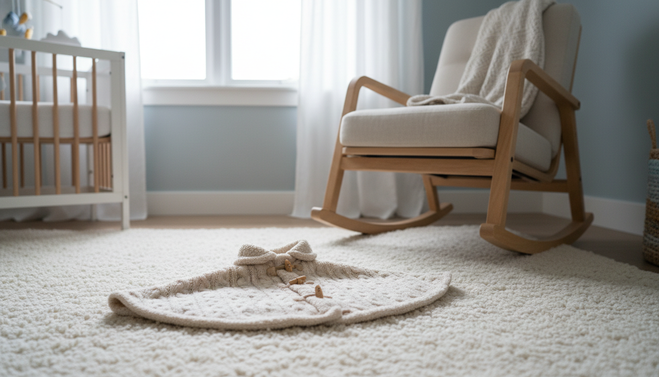Poncho suspendu dans une chambre d'enfant, entouré de jouets en bois et de coussins colorés.