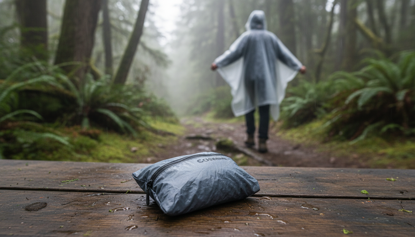 Poncho suspendu sur un porte-manteau en bois, entouré de plantes d'intérieur.