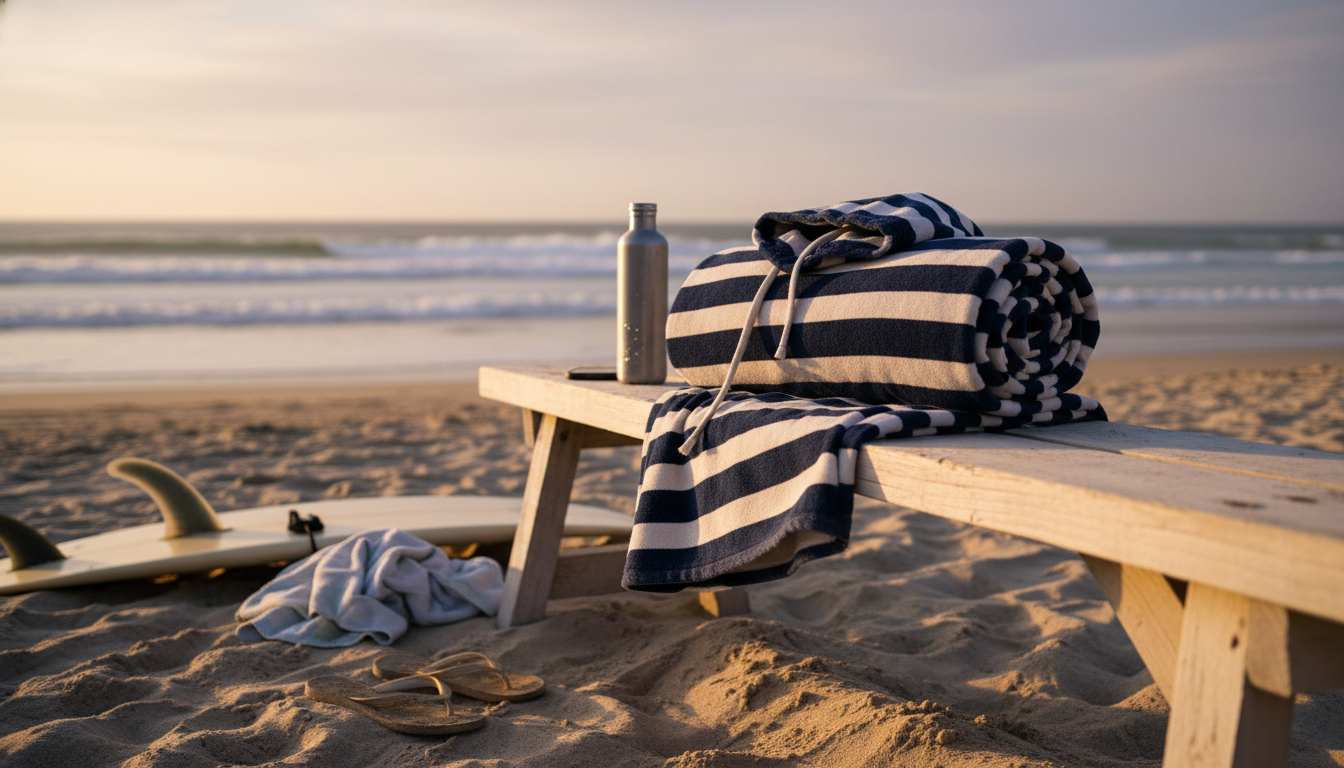 Sur la plage, un surfeur en poncho bleu marine savoure le coucher de soleil.