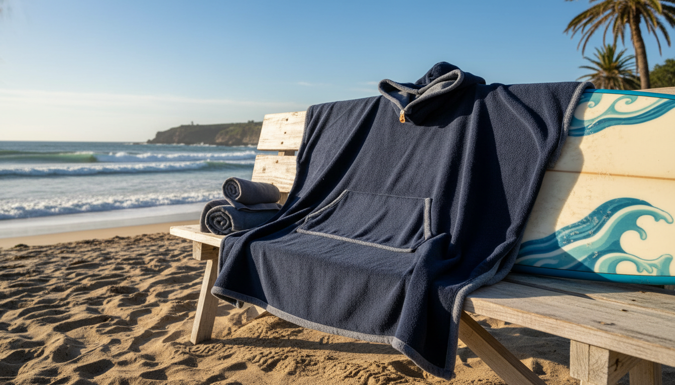 Poncho suspendu sur une chaise en bois, entouré de coquillages et de plantes marines.