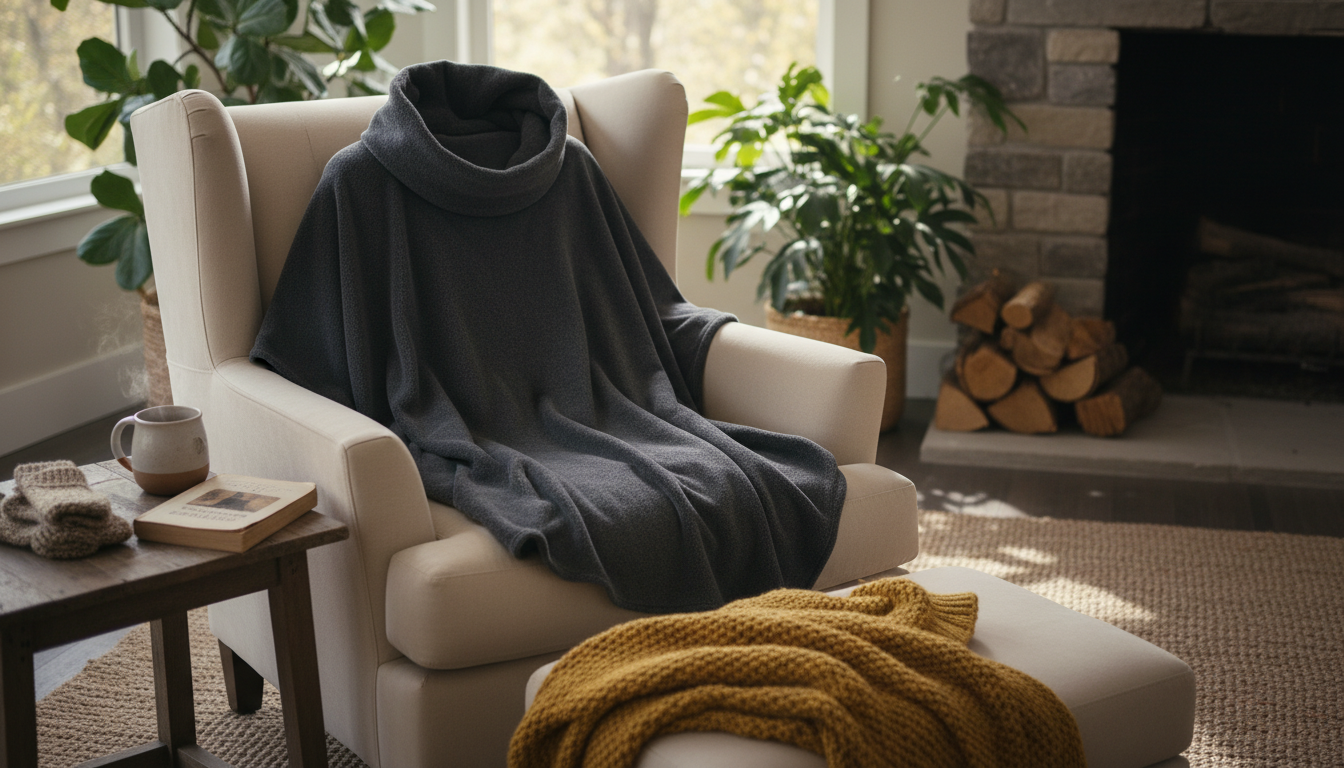 Un couple se détend dans leur salon, enveloppé dans un poncho polaire bleu doux, partageant un moment chaleureux.