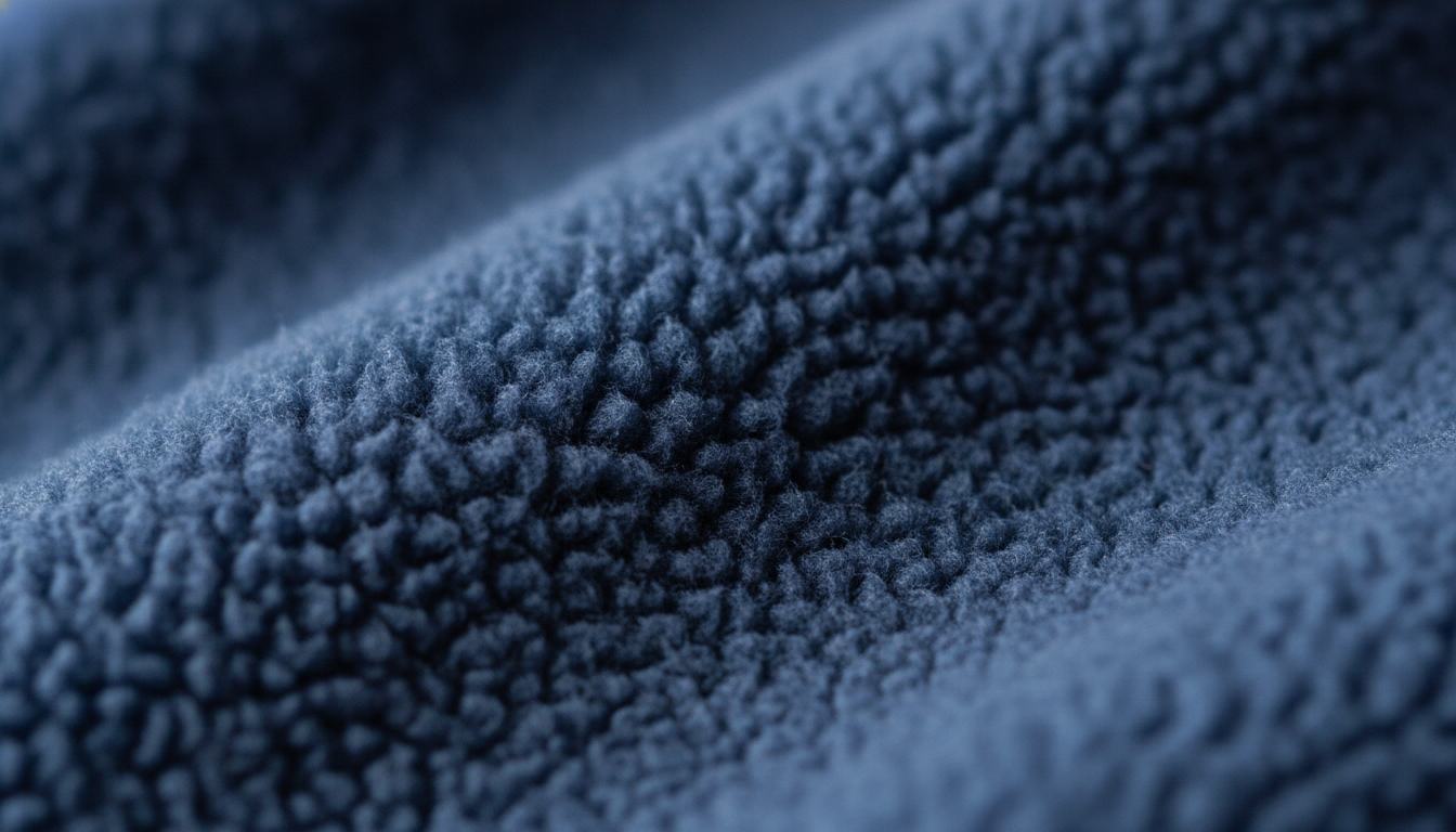Gros plan sur la texture veloutée du poncho polaire beige, mettant en valeur ses surpiqûres délicates et son tissu respirant.