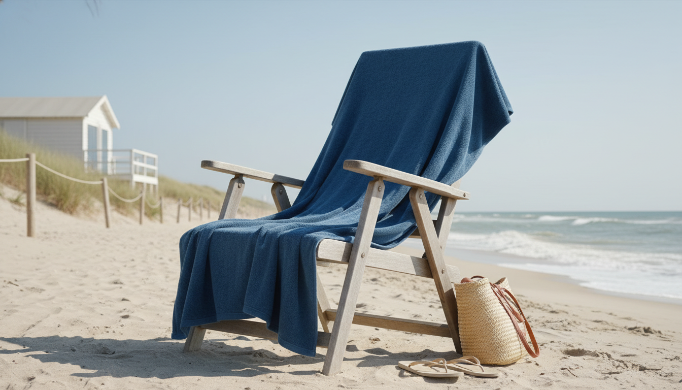 Poncho de bain suspendu sur un élégant porte-manteau en bois, entouré de plantes vertes.